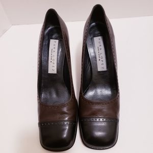 Pura Lopez Women Shoes 10.5B Leather Pumps Brown Black Square Toe 3 1/4" Heel. 